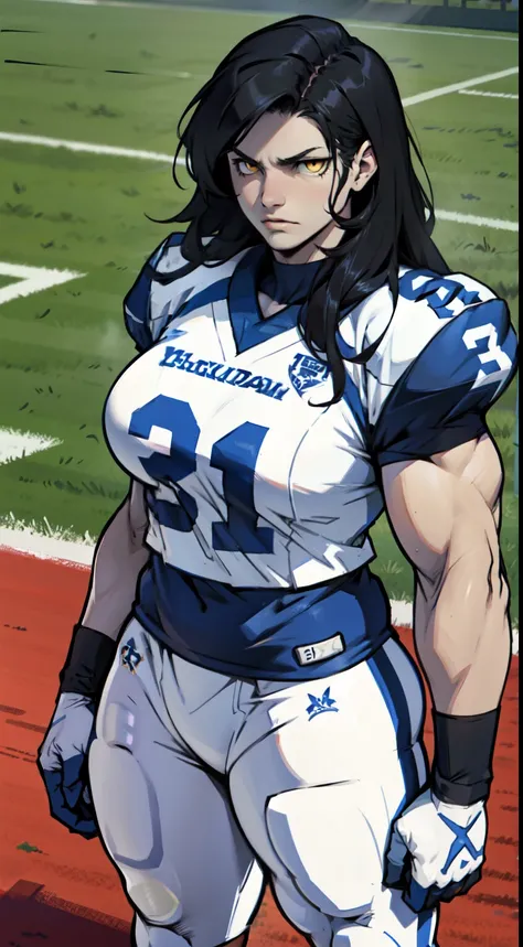 girl breasts huge muscles huge thighs solo girl black hair extremely long hair pale skin expressionless yellow eyes ((football))