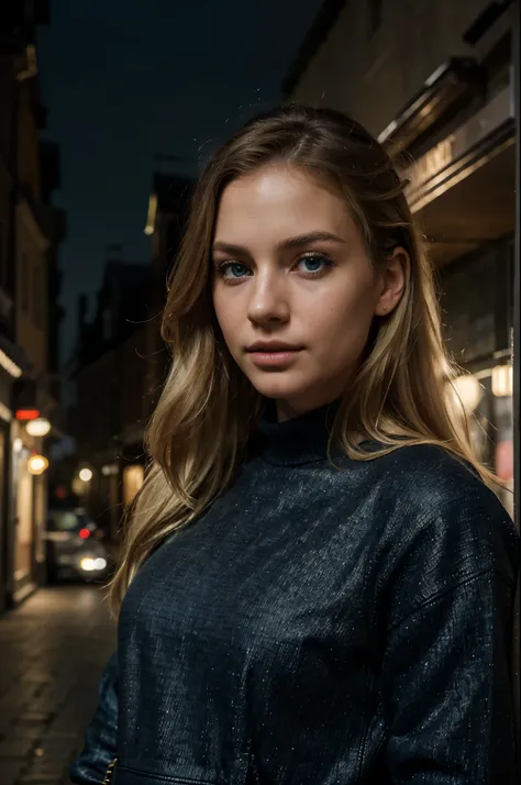 RAW, photograph,((best quality)), ((masterpiece)), ((realistic)), gorgeous european woman wearing winter sweater, Black leather jacket, jean pants, Full body, 24 year old, (long blonde hair), blue eyes, At night in a small town, European town, detailed pho...