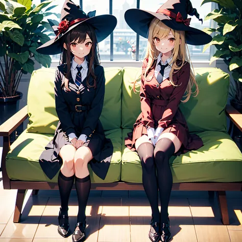 two witch girls with long hair and dresses sitting sofa in front of tea room,bag, multiple girls, hat, mob cap, blonde hair, tie, black dress, brown eyes, skirt, shirt, brown hair, smile, red dress, tie,red eyes, looking at viewer, over knee socks,