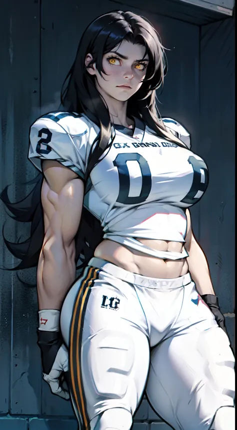 girl breasts huge muscles huge thighs solo girl black hair extremely long hair pale skin expressionless yellow eyes ((football))