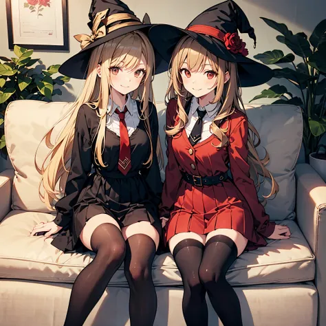 two witch girls with long hair and dresses sitting sofa in front of tea room,bag, multiple girls, hat, mob cap, blonde hair, tie, black dress, brown eyes, skirt, shirt, brown hair, smile, red dress, tie,red eyes, looking at viewer, over knee socks,