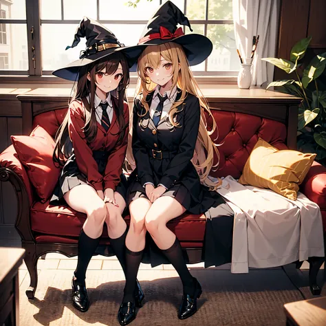 two witch girls with long hair and dresses sitting sofa in front of tea room,bag, multiple girls, hat, mob cap, blonde hair, tie, black dress, brown eyes, skirt, shirt, brown hair, smile, red dress, tie,red eyes, looking at viewer, over knee socks,