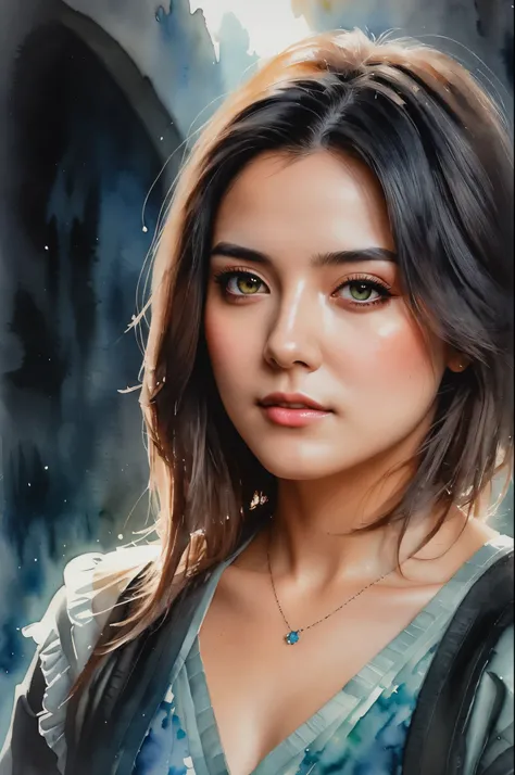 mj, RTX, 4k, HDR, close-up, watercolor, portrait, ((masterpiece)),((best quality)), watercolor drawing, Watercolor wet on wet, A girl stands in a dark treasury, holding an open chest in her hands. The intense shine of the chests treasures illuminates the g...