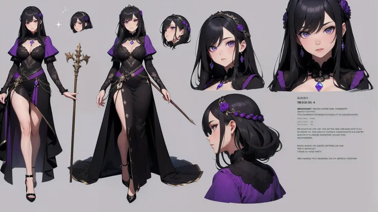 ((masterpiece, best quality)), Detailed face, character table, whole body, 1 girl, Beautiful and delicate eyes, black hair, long hair, ((thick hair)), hair between eyes, crimson and black dress，Embellished with delicate purple gemstones, Light up purple ge...