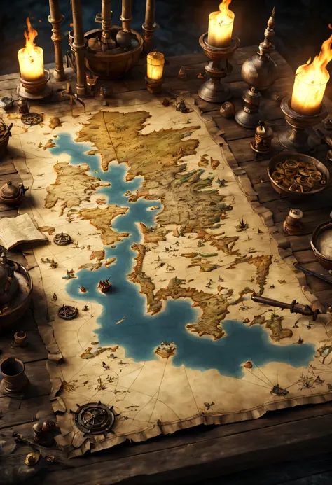 Old, treasure map 8k resolution, Game of thrones War table, 3d, octane render, photoillustration, surrealism, volumetric lighting