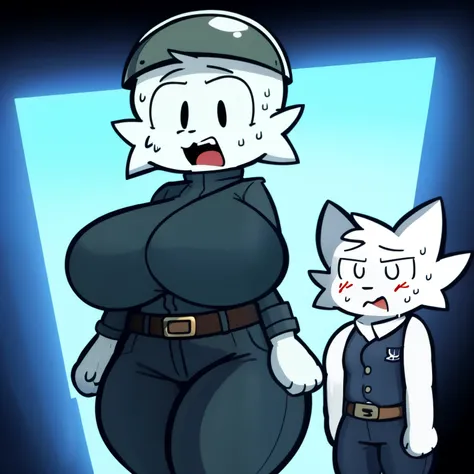 Silly cat, girl, wide hips, cat, antro, white cat,thick legs, body slim, huge breasts, sweat, wearing navy blue pants, wearing navy blue jacket, wearing a dark green army helmet, brown belt, scared,