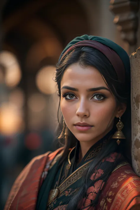 A beautiful woman,orientalisch wirkende frau,orientalisch gekleidet,Beautiful woman in the foreground,stadt weit im hintergrund,Beautiful woman looks at the camera,vor schwarzem hintergrund,blur