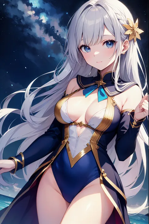 （masterpiece）、(highest quality)、((Super detailed))、(super delicate)、cute、Pastel colors hair、beautiful breasts、Gorgeous、fantastic sea of stars、Gold, silver, and deep blue sailor suit