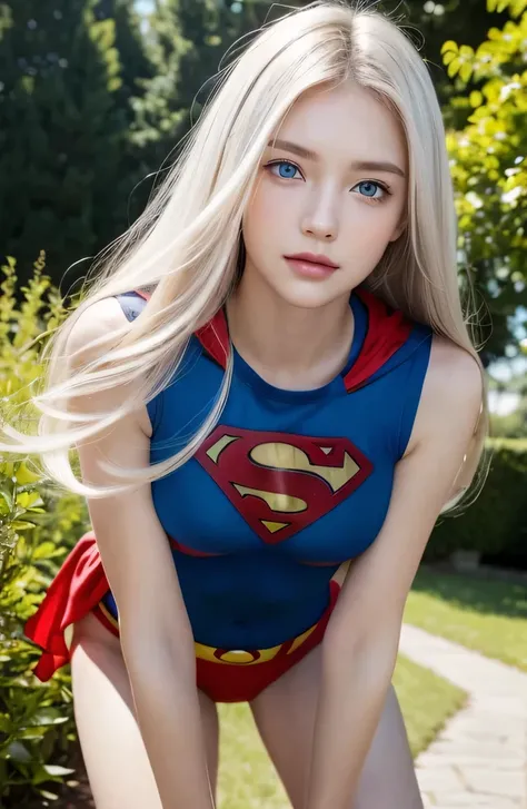 １４Caucasian model at the age, 両脚でFull body photo standing,（(Clean clothes)), wearing superman suit, Natural light, Pretty Caucasian Woman, white hair, bright smile, (8K, Live shooting, highest quality, masterpiece: 1.2), masterpiece, super detail, , High-d...