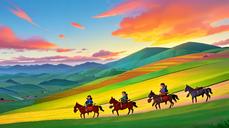 vista frontal de pasto com cavalos num entardecer bonito e vibrante, estilo cartoon disney pixar