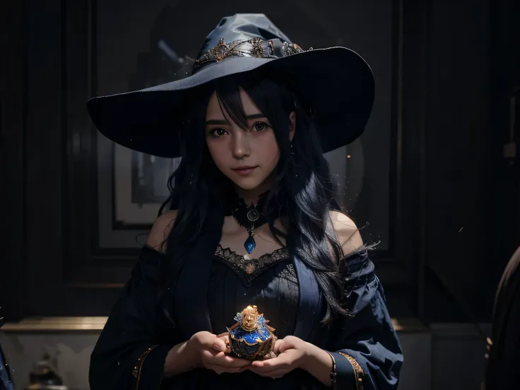 ((90s anime style)) A charming and cute teenage witch in a long witch dress with long curly dark blue hair, smiling happy holding a birthday present, high fantasy realistic, a masterpiece, 8k resolution, dark fantasy concept art, by Takeshi Obata, Haruhiko...