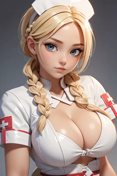 1girl, blonde braided hair, warrior, dressed in glossy white leather, also she's a nurse, on the battle field. gigantic breasts