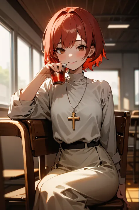 Short red-haired girl with a smile, dressed modestly. brown eyes. She wears a necklace with a Catholic cross. drinking alcohol in the classroom. high res, ultrasharp, 8K, masterpiece, looking at viewer