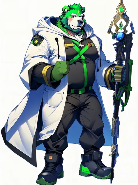 masterpiece, best quality, furry, furry bear, green fur, Jinpei, (full body), simple background, ((long white hoodie coat)), (black inner protective suit), ((gray pants)), ((military shoes)), look to the side, beard, middle age, dad bod, hold a magic staff...