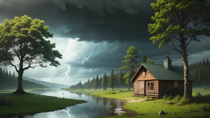 storm in the forest, with a small lake, a cabin in the distance, wet vegetation from the rain, cloudy sky