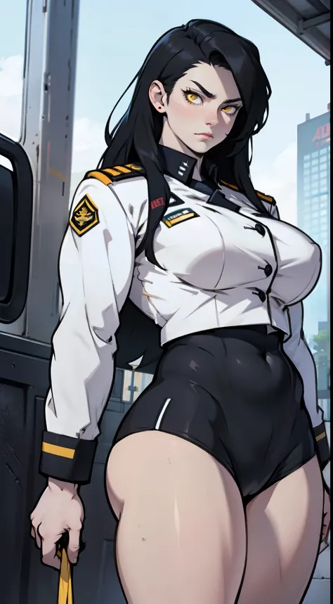 girl breasts huge muscles huge thighs solo girl black hair extremely long hair pale skin expressionless yellow eyes ((uniform))