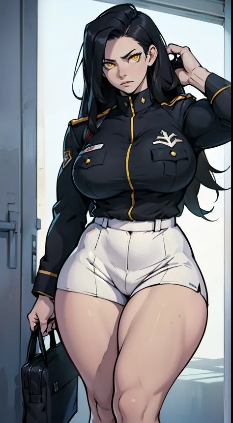 girl breasts huge muscles huge thighs solo girl black hair extremely long hair pale skin expressionless yellow eyes ((uniform))