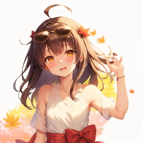 anime girl with sunglasses and a bow waving, 🍁 cute, anime moe artstyle, smol, , iwakura lain, kantai collection style, with index finger, rena nounen style 3/4, makoto, rin, [ floating ]!!, shinkai makoto, cute art style, marin kitagawa fanart, wet, sweat...