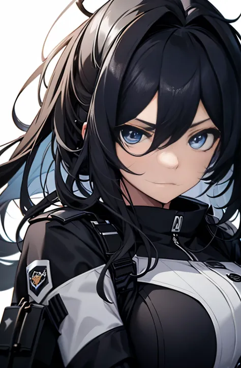 【Highest Quality, masutepiece】 [1 girl,expressioness, Female Police Officer ,Jet black head of hair, beautifull detailed face, Very blue eyes, large full breasts, Long hair fluttering in the wind, jet-black hair, Serious look, Upper body] (Gray white backg...