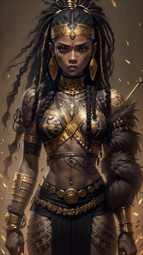 (((full body picture))), (((1 woman))), top quality, intricate details , a ebony woman, ((standing holding a spear)), (serious l...