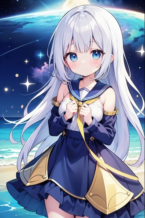 （masterpiece）、(highest quality)、((Super detailed))、(super delicate)、cute、Pastel colors hair、beautiful breasts、Gorgeous、fantastic sea of stars、Gold, silver, and deep blue sailor suit