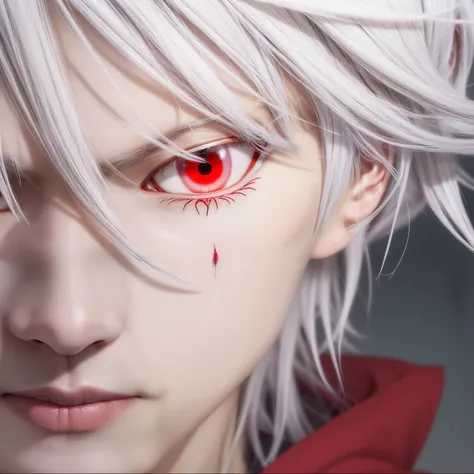 a close up of a man with white hair and red eyes, kaworu nagisa, hajime yatate, nagito komaeda, white haired deity, a silver haired mad, white haired, son of sparda, white fox, his eyes are bleeding intense, mysterious gaze, male, detailed