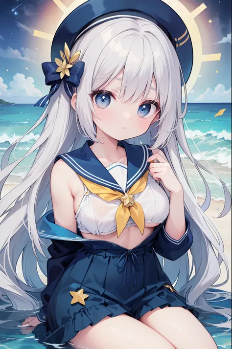 （masterpiece）、(highest quality)、((Super detailed))、(super delicate)、cute、Pastel colors hair、beautiful breasts、Gorgeous、fantastic sea of stars、Gold, silver, and deep blue sailor suit