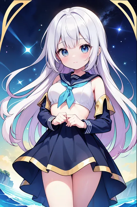 （masterpiece）、(highest quality)、((Super detailed))、(super delicate)、cute、Pastel colors hair、beautiful breasts、Gorgeous、fantastic sea of stars、Gold, silver, and deep blue sailor suit