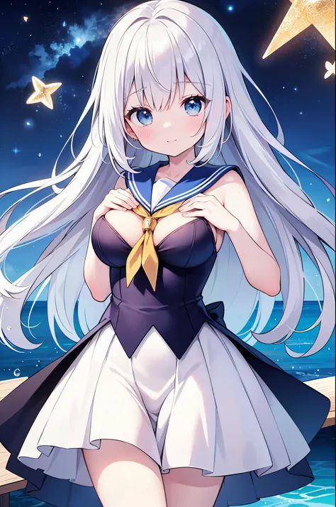 （masterpiece）、(highest quality)、((Super detailed))、(super delicate)、cute、Pastel colors hair、beautiful breasts、Gorgeous、fantastic sea of stars、Gold, silver, and deep blue sailor suit