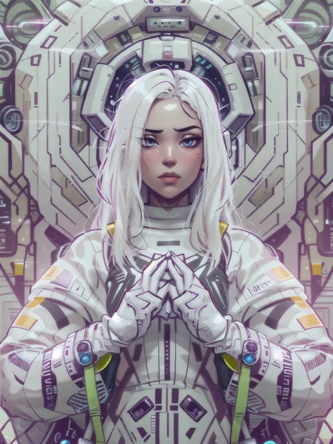 1monk warrior girl with white techwear clothes, white long hair, laces, abstract vintage scifi background