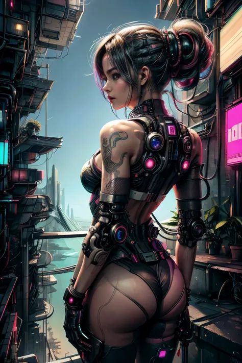 Uma belissima garota japonesa ciborgue, cyberpunk corpo lindo, peitos medios, belo quadril, partes mecanicas, cabelo medio, intincado detalhado, luzes neon, side view of the back looking at the viewer, on a luxurious terrace, vista de fundo predios futuris...