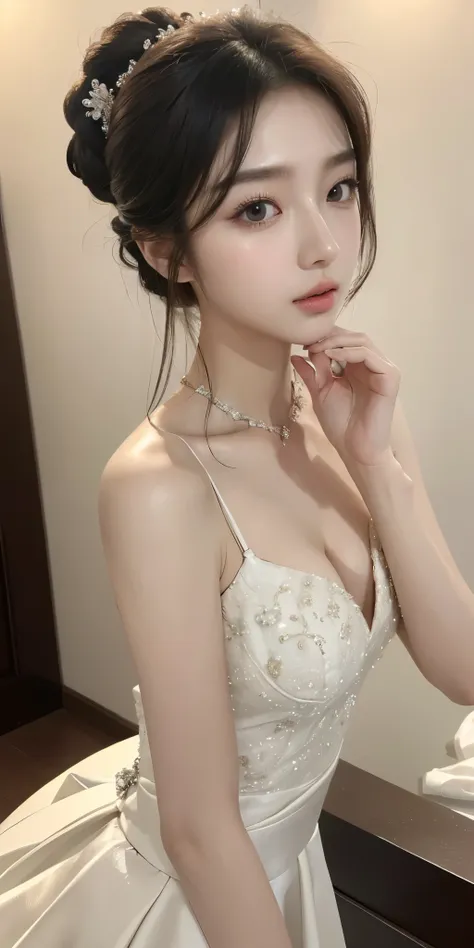 (best quality, 8K, masterpiece, ultra high definition: 1.3), (kpop idol: 1.3), 1 , (: 1.2), (long hair),  Perfect body, Beautifully, beautiful eyes, double eyelids, Hands are super thin, ((Korean wedding dress))，开衫elegant  , detailed  , elegant  , Luxury h...