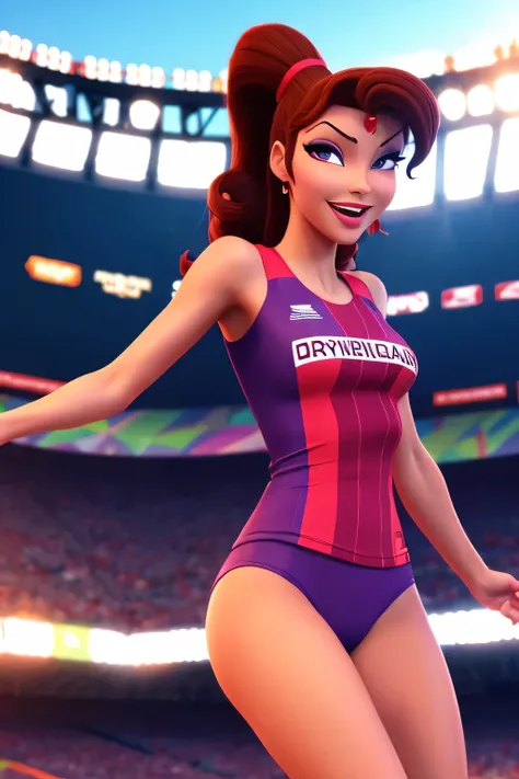 brunette Megara wearing olympic games clothings, on marathon stadium background, sport competition expression, disney animation style, best quality, digital art, 3D