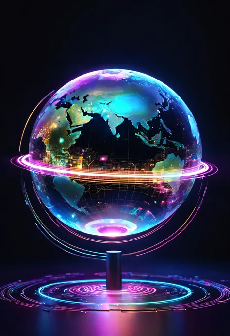 holography,draw in neon colors((Earth)):sphere:((floating)),transparent,Three-dimensional,light,SF,Digitalアート,Digital,scientific,dark background:electronic circuitry:draw in neon colors,3D,masterpiece,Digital空間,energy,beautiful,最高masterpiece,8K,科学のlight,be...