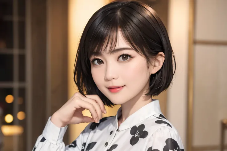 149
(20 year old woman,floral print outfit,pants), (Super realistic), (high resolution), ((beautiful hairstyle 46)), ((short hair:1.46)), (gentle smile), (brest:1.1), (lipstick)
