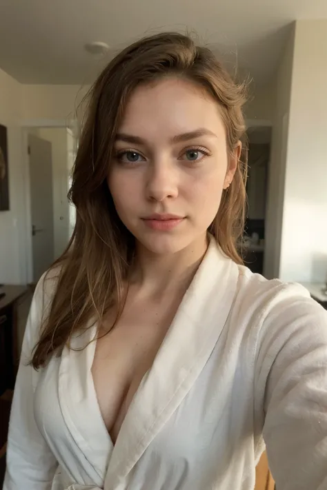 ((Best quality)), ((masterpiece)), (detailed), perfect face blonde hair. Girl in a bathrobe, selfie