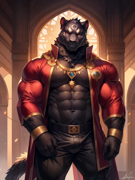 solo,anthro,furry,furry male, Panther, ((fluffy fur,fluffy,furry body)), (black fur, Panther), (black body), big muscles, red eyes, decorative coat, long hair, short hair, detailed fluffy fur, black chest, detailed face, detailed eyes, decorative black coa...