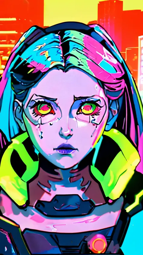 yellow pink background sad female cyberpunk, crying, paiting, rain, cyberpunk city