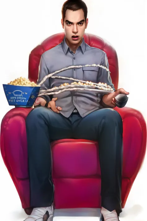 arafed man sentado em uma cadeira with a bowl of popcorn and remotes, filme ainda, realistic filme ainda, movie imagem promocional, imagem promocional, foto promocional, sentado na cadeira, foto promocional, sentado em uma cadeira, Programa de TV, imagem p...