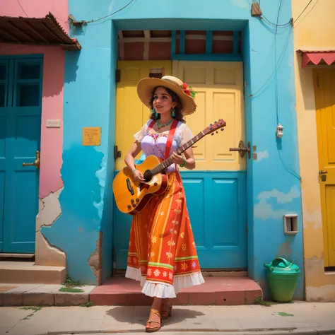 Puerto Rico and Cuba, united in harmony, form a vibrant and colorful Caribbean tableau. The clear, turquoise waters of the sea gently lap against the shores of both islands, merging their borders as one. Village houses with red tile roofs and pastel exteri...