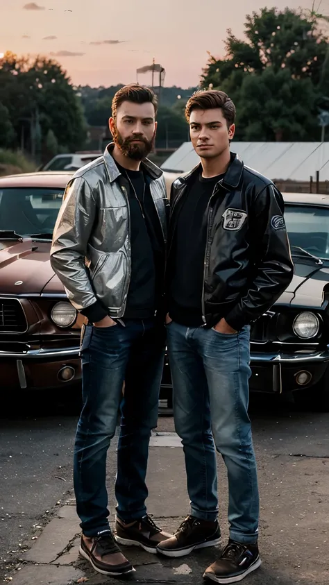 create a 3d illustration of  a 17 years old boy wearing riding jacket "FORD" name written on the riding jacket with beard and a 17years old boy wearing woody "FORd" name writtenon the woody, both standing in front of ford mustang 1969 silver color at sunse...