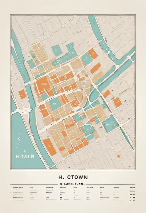 D city H town map hand drawn,simple lines，floor plan，Minimalism，lots of white space，color，direction label