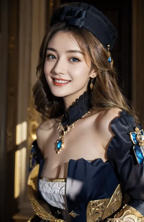 18-year-old girl, people portrait, (smile), (off shoulder), 
navia /(genshin impact/), (looking at viewer), (cleavage, breasts), blue diamond necklace, 
(ornate dress, a navy, white, and black bodice), sleeveless low-cut bodice, golden decorations, open ba...