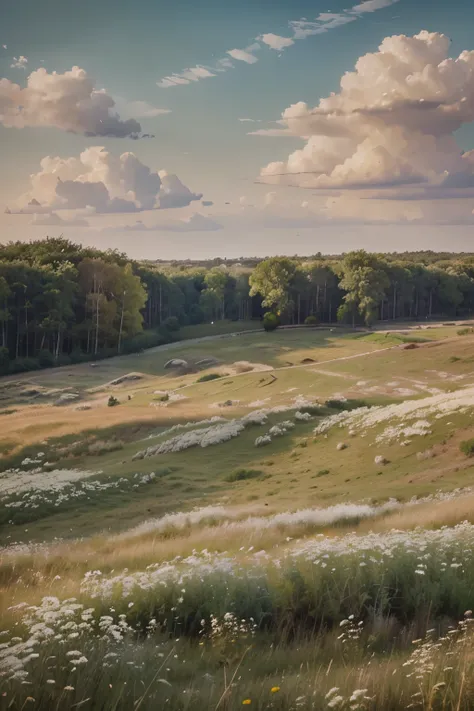 brushstrokes impasto, an oil painting in a field of tall grasses and white flowers, with grasslands in background, in the style of light indigo, dark green and dark beige, pointillist florals, barbizon school, gray and bronze, cottagepunk, rusticcore, pano...