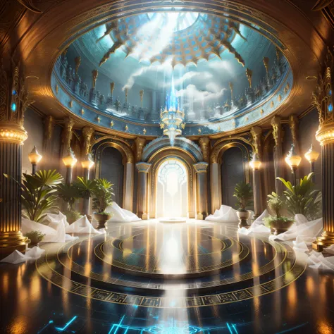 una gran sala con una fuente y un techo abovedado, Palacio futurista, A mystical temple, stuning elegante 3 d render, Futuristic and ethereal, volumetric lighting. elegante, Ethereal Kingdom, Palacio flotando en el cielo, render de octanaje art nouveau, el...