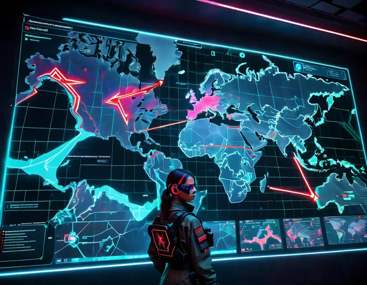 future combat command，The holographic projection image is displayed in the middle，There are marching routes on the map，Marked with a red arrow on the map，There are coordinates on the map，transparent，cyberpunk，X-ray，fluorescence，neon lights，high tech，girl&#...