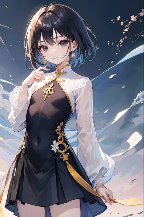 (highest quality、masterpiece、ultra high resolution、Super detailed)、study、One、kind-hearted girl、(thin)、(flat chest)、black hair、short hair、black eyes、mini skirt、A smile that you want to protect、(Ao dai)