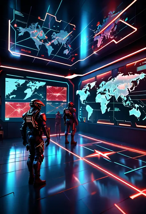 future combat command，Hologram projection hanging on the wall，There are marching routes on the map，Marked with a red arrow on the map，There are coordinates on the map，cyberpunk，X-ray，fluorescence，neon lights，high tech，command hall，