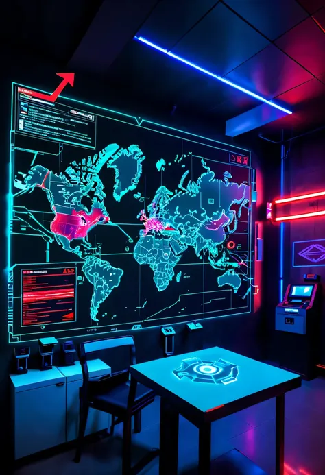 future combat command，Hologram projection hanging on the wall，There are marching routes on the map，Marked with a red arrow on the map，There are coordinates on the map，cyberpunk，X-ray，fluorescence，neon lights，high tech，command hall，Control lobby