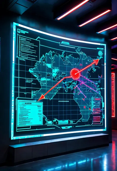 future combat command，Hologram projection hanging on the wall，There are marching routes on the map，Marked with a red arrow on the map，There are coordinates on the map，cyberpunk，X-ray，fluorescence，neon lights，high tech，command hall，Control lobby